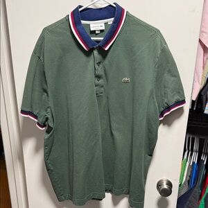 Lacoste Classic Olive Green Pique Polo with Navy Contrast Collar